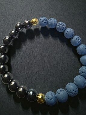 Lava Rock Hematite Half Split Beaded Bracelet Gold
